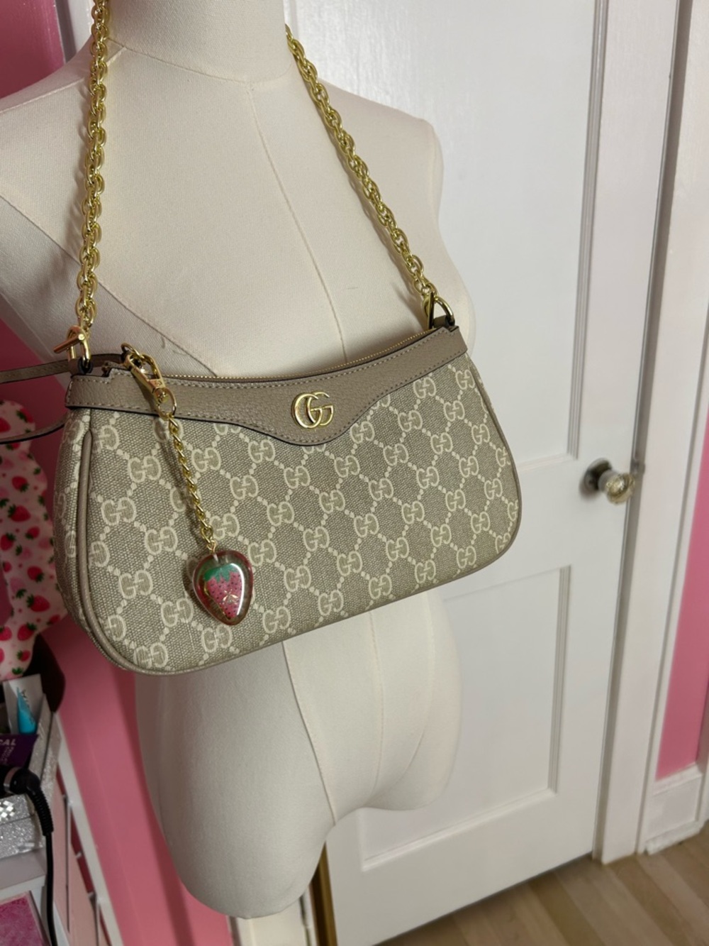Shoulder Bag with Gold Chain and Heart Charm